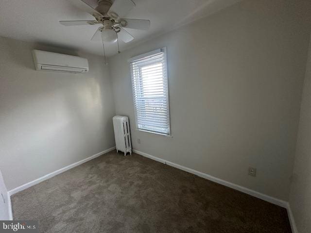 unfurnished room featuring carpet, radiator, a wall unit AC, and baseboards