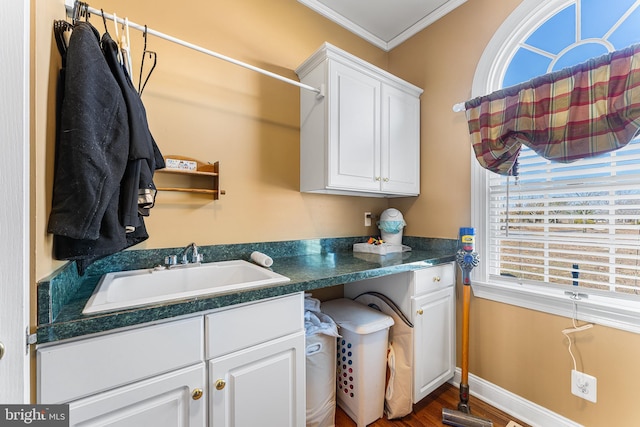 clothes washing area with wood finished floors, crown molding, baseboards, and a sink