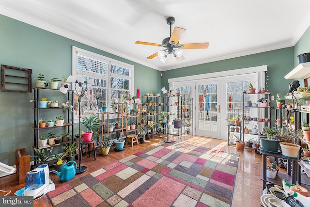 miscellaneous room with french doors, wood finished floors, ceiling fan, and ornamental molding