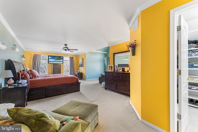 bedroom featuring baseboards, light colored carpet, ornamental molding, and a ceiling fan