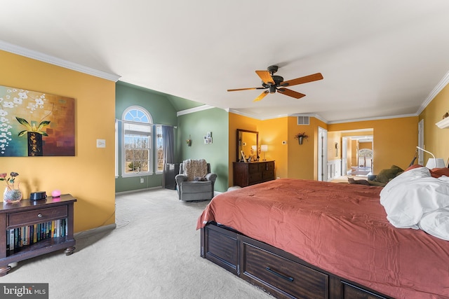 bedroom with a ceiling fan, visible vents, lofted ceiling, ornamental molding, and light colored carpet