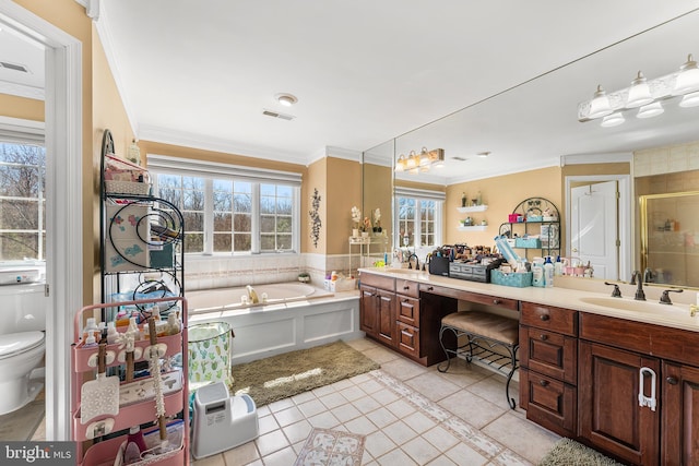 bathroom with double vanity, ornamental molding, a healthy amount of sunlight, and a sink