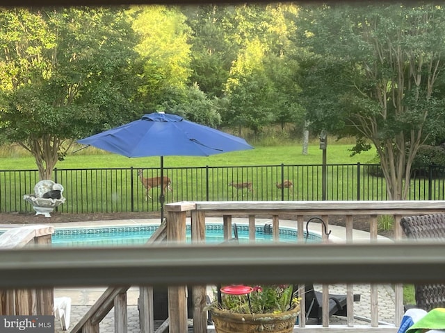 view of swimming pool with a yard, fence, and a fenced in pool