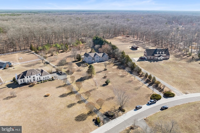 birds eye view of property featuring a rural view and a wooded view