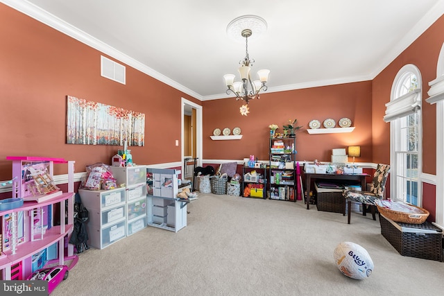 playroom featuring crown molding, carpet flooring, visible vents, and a chandelier