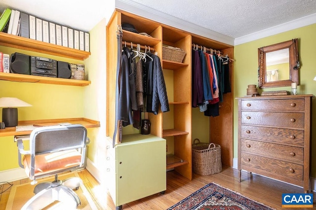 spacious closet featuring wood finished floors and built in study area