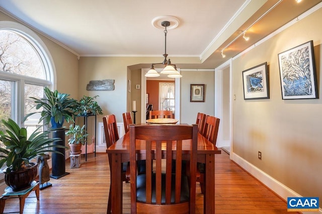 dining area featuring track lighting, light wood-style flooring, crown molding, and baseboards