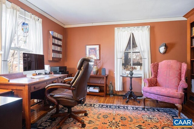 office with crown molding and wood finished floors