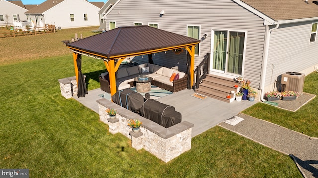 view of patio with an outdoor hangout area, a gazebo, entry steps, and central air condition unit