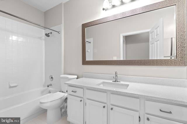 full bathroom with toilet,  shower combination, vanity, and tile patterned floors