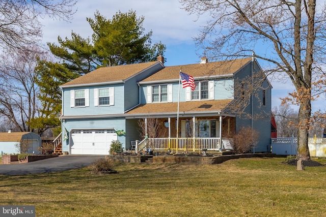 traditional-style home with fence, aphalt driveway, a front yard, covered porch, and a garage