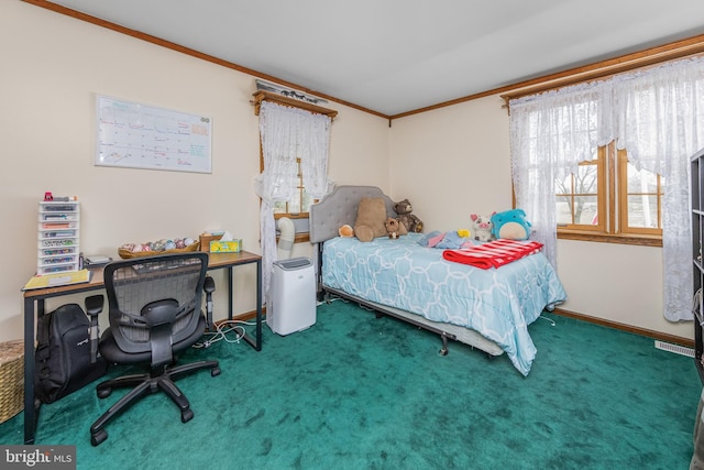 carpeted bedroom featuring baseboards and ornamental molding