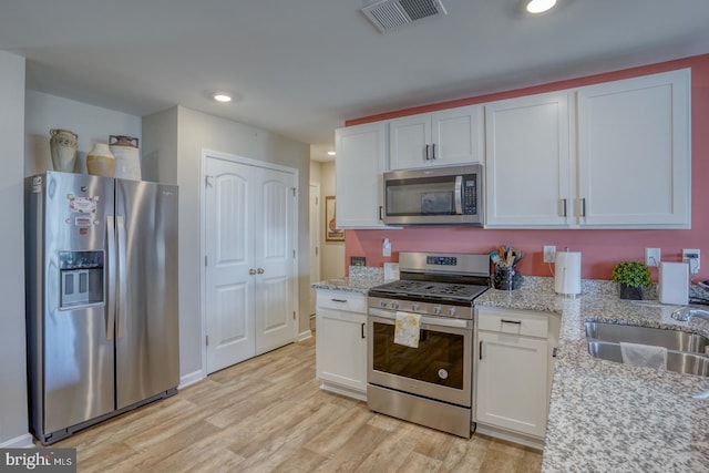 kitchen with stainless steel appliances, a sink, visible vents, white cabinets, and light wood-type flooring