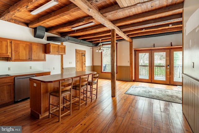 kitchen with a wainscoted wall, wood ceiling, stainless steel dishwasher, beam ceiling, and hardwood / wood-style floors