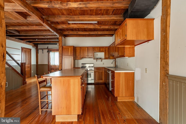 kitchen featuring wooden ceiling, dark wood-type flooring, beamed ceiling, stainless steel appliances, and a sink