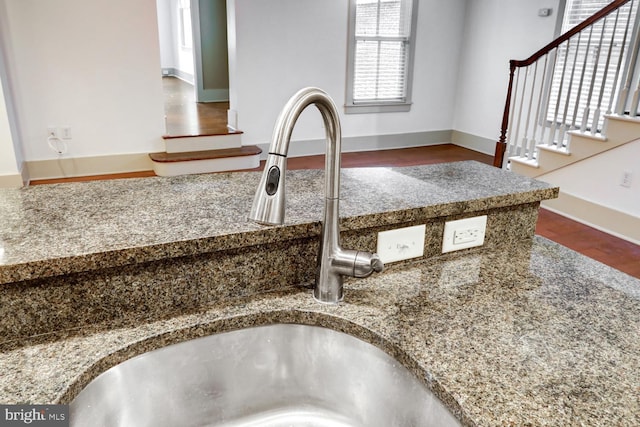 details with dark wood-type flooring, a sink, and baseboards