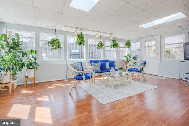 sunroom / solarium featuring a skylight, a drop ceiling, and track lighting