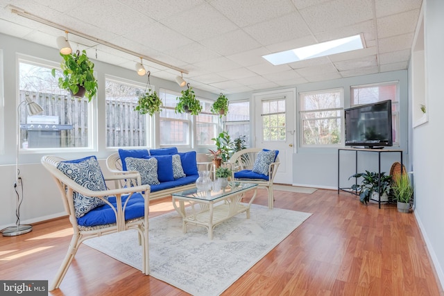 sunroom featuring rail lighting and a drop ceiling