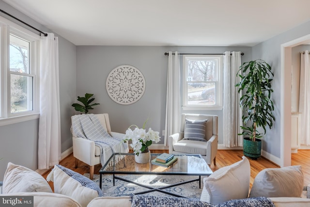 living area featuring baseboards and wood finished floors