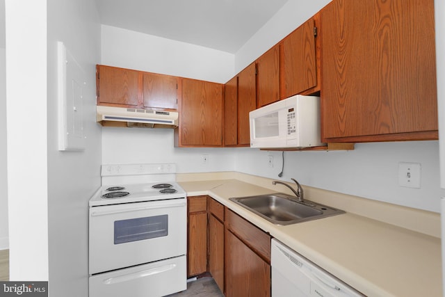 kitchen with light countertops, brown cabinetry, a sink, white appliances, and under cabinet range hood