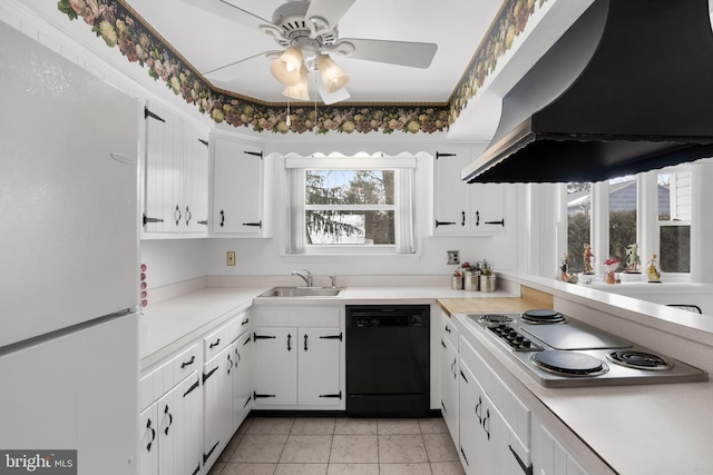 kitchen with dishwasher, custom range hood, freestanding refrigerator, stainless steel electric cooktop, and a sink