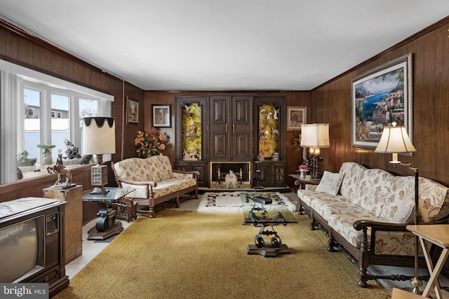 living room featuring carpet, wooden walls, and ornamental molding