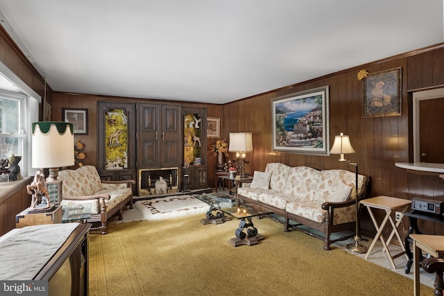 carpeted living area featuring ornamental molding