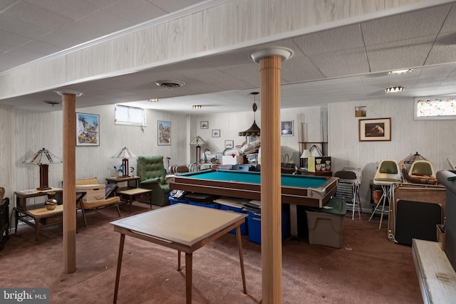 game room with carpet floors, decorative columns, visible vents, a drop ceiling, and billiards