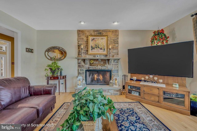 living area with a stone fireplace and wood finished floors