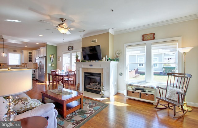 living area with hardwood / wood-style floors, crown molding, a ceiling fan, and baseboards