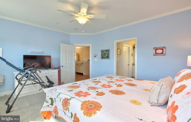 bedroom featuring a ceiling fan, baseboards, carpet, and crown molding