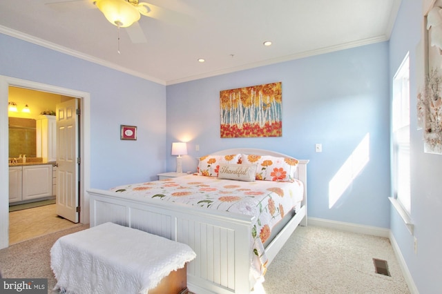 bedroom featuring light carpet, visible vents, crown molding, and baseboards