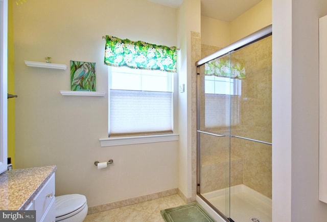 full bath with tile patterned flooring, toilet, baseboards, and a stall shower