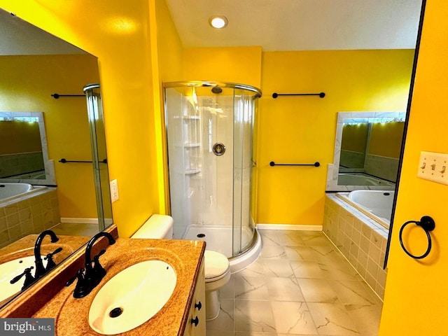 full bath featuring vanity, a bath, a stall shower, toilet, and marble finish floor