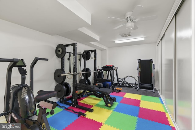 exercise area with visible vents and a ceiling fan