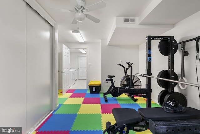 workout room featuring visible vents and a ceiling fan