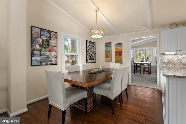 dining area with lofted ceiling with beams, baseboards, and dark wood-style flooring