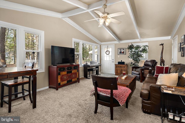 living room featuring light carpet, ceiling fan, vaulted ceiling with beams, and baseboards