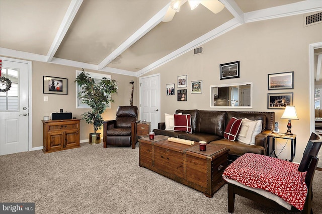 living room with visible vents, lofted ceiling with beams, baseboards, and carpet floors