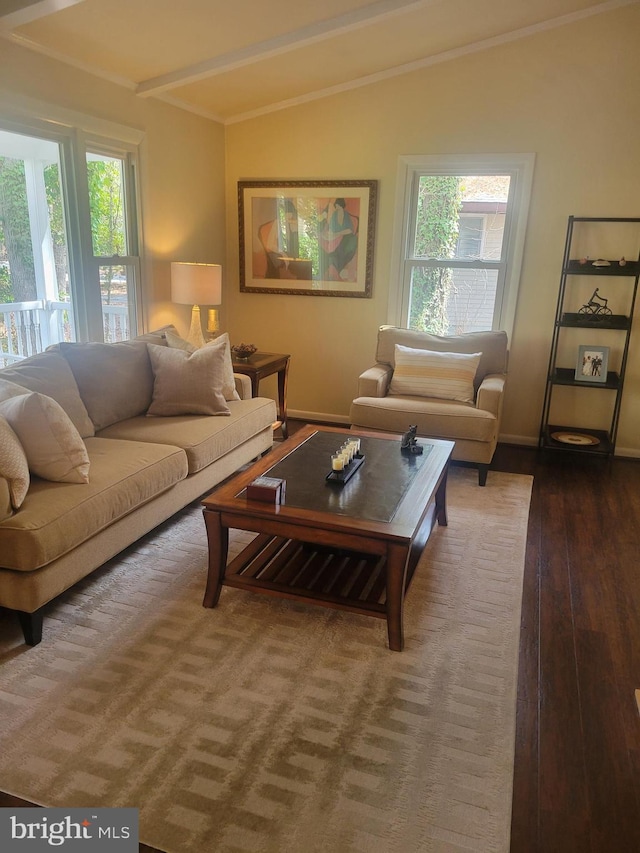 living room featuring vaulted ceiling with beams, baseboards, and wood-type flooring