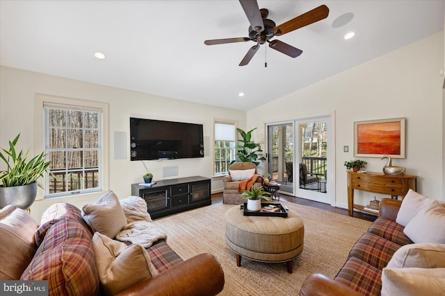 living room featuring recessed lighting, ceiling fan, lofted ceiling, and wood finished floors