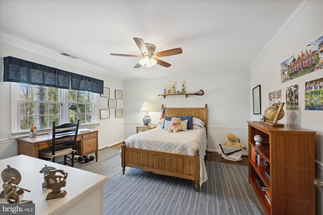 bedroom with visible vents, ceiling fan, and crown molding