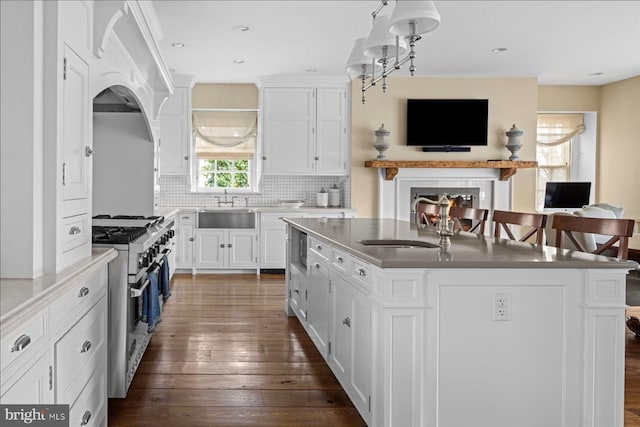 kitchen featuring a sink, a center island with sink, dark wood-type flooring, and range with two ovens