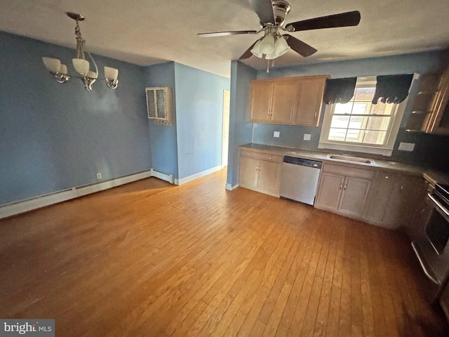 kitchen featuring a baseboard heating unit, a sink, baseboards, dishwasher, and hardwood / wood-style floors