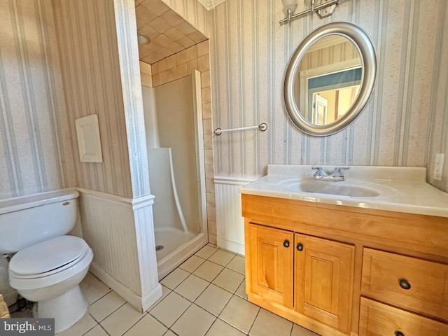 full bathroom with wallpapered walls, wainscoting, toilet, tile patterned floors, and a shower stall