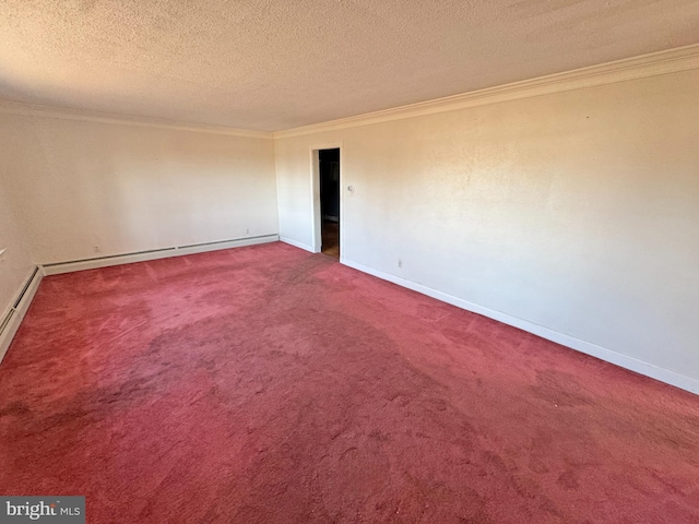 carpeted spare room with a baseboard radiator, a textured ceiling, baseboards, and crown molding