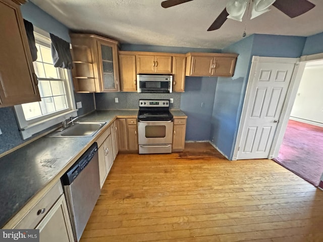 kitchen with stainless steel appliances, a sink, a ceiling fan, light wood-style floors, and glass insert cabinets