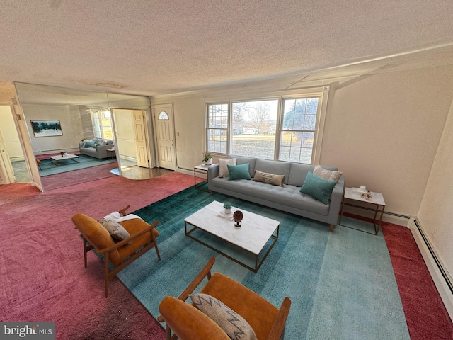 carpeted living room with a baseboard radiator, baseboards, and a textured ceiling