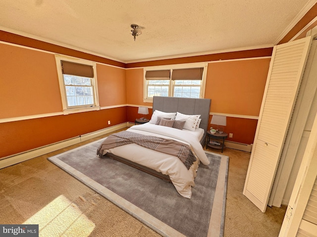 carpeted bedroom featuring ornamental molding, a baseboard radiator, multiple windows, and a textured ceiling