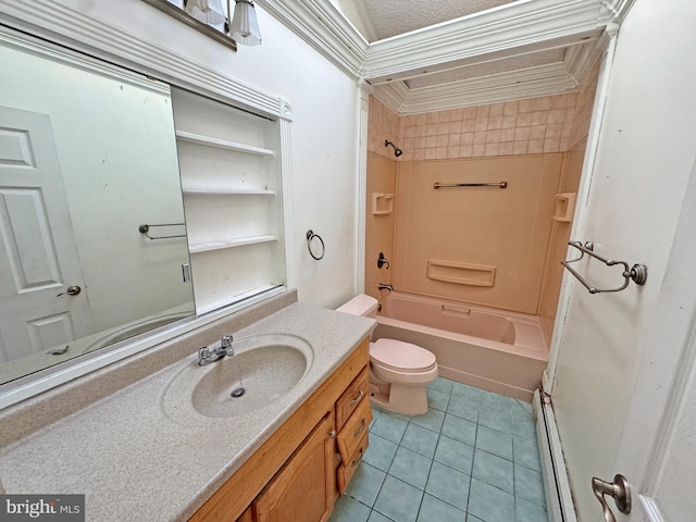 bathroom with toilet, tile patterned flooring, crown molding, vanity, and a baseboard heating unit